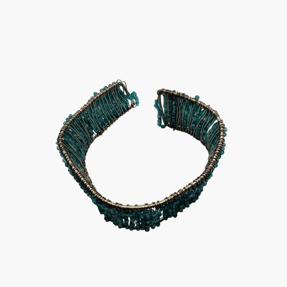 Beaded Cuff Bracelet Handcrafted Wire Wrapped Turquoise Adjustable Open Boho - Picture 5 of 6